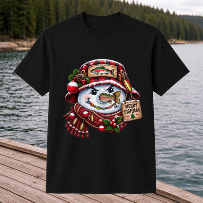 Merry Fishmas Snowman with Rainbow Trout Christmas Fishing T-Shirt