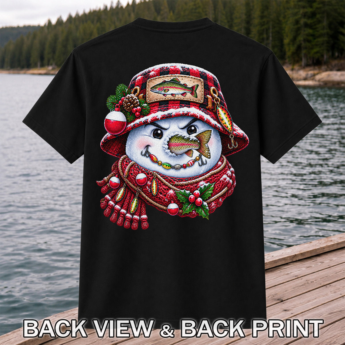 Christmas Snowman Trout Fishing Graphic T-Shirt | Back Print