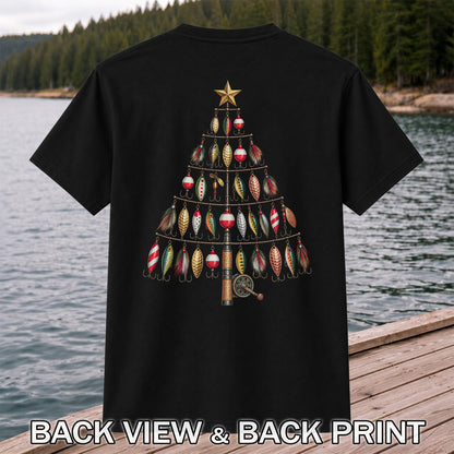 Fishing Lure Christmas Tree with Rod and Reel Graphic T-Shirt | Back Print