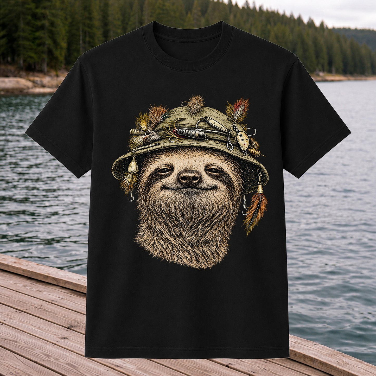 Sloth Wearing a Fishing Lure Hat Hand-Drawn Graphic T-Shirt