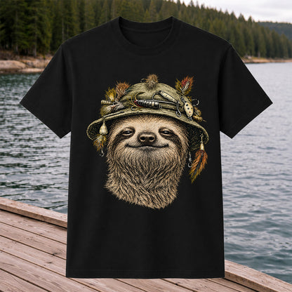 Sloth Wearing a Fishing Lure Hat Hand-Drawn Graphic T-Shirt