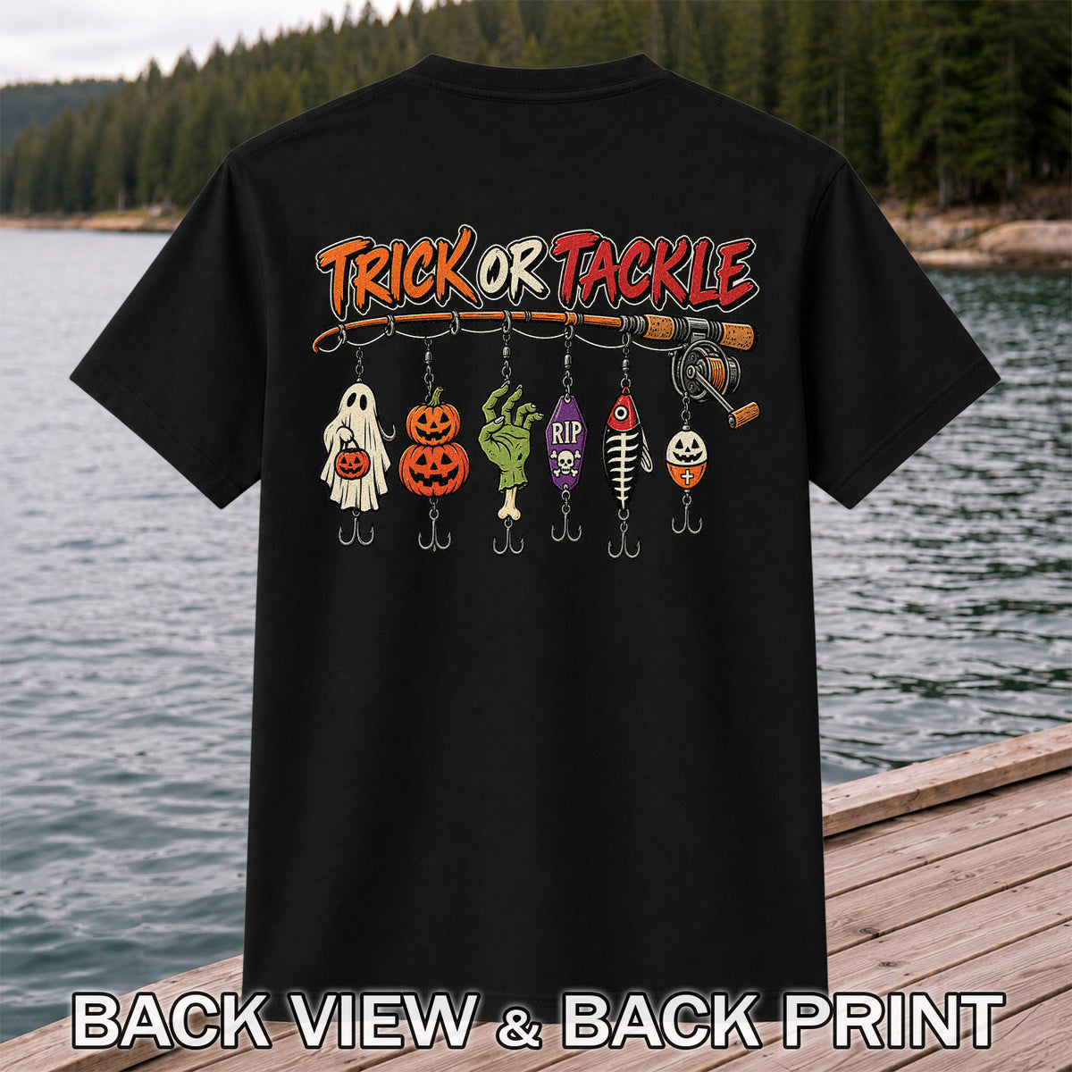 Trick or Tackle Halloween Ghost and Pumpkin Fishing Lures T-Shirt | Back Print