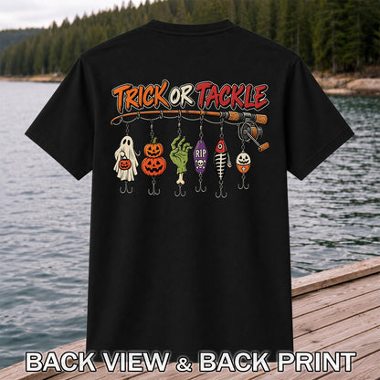 Trick or Tackle Halloween Ghost and Pumpkin Fishing Lures T-Shirt | Back Print