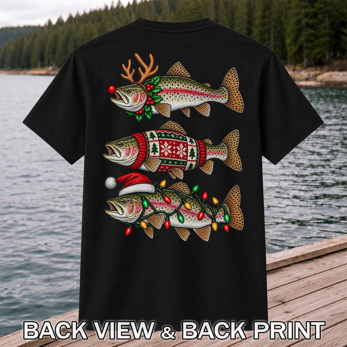 Christmas Trout Antlers Sweater and Lights Fishing T-Shirt | Back Print