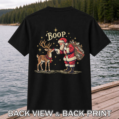 Santa and Reindeer Fishing Christmas Graphic T-Shirt | Back Print