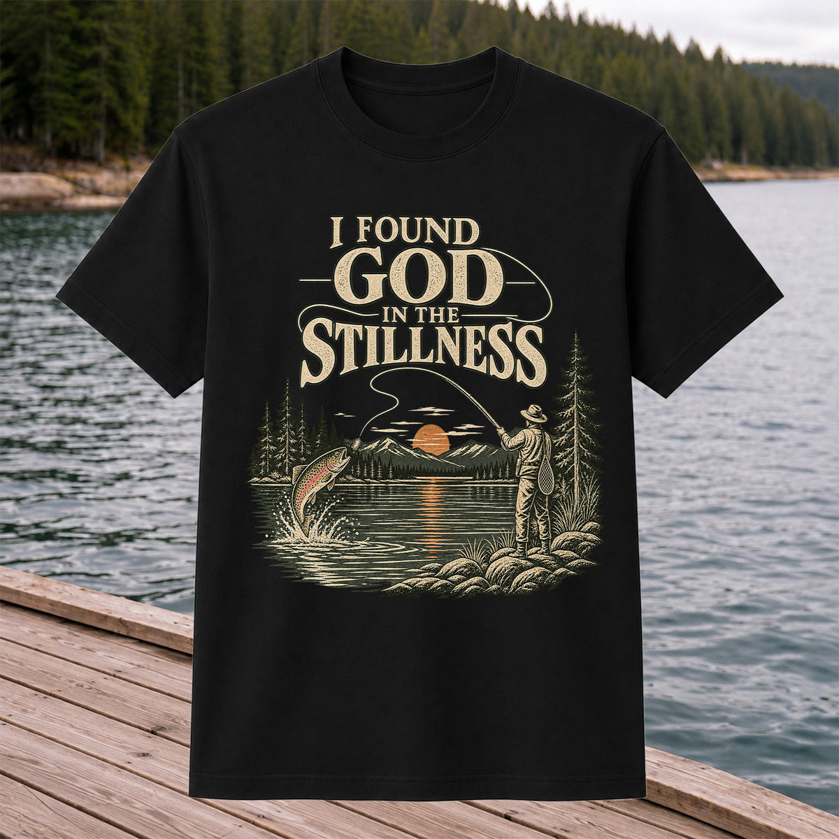 I Found God in the Stillness Trout Fly Fishing Sunset T-Shirt