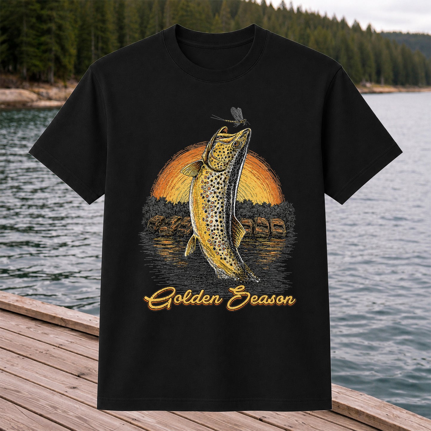 Golden Season Jumping Trout Sunset Fishing Graphic T-Shirt