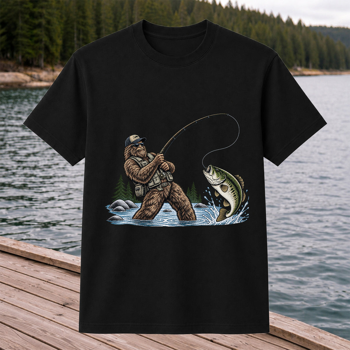 Bear Catching Bass Fishing Graphic T-Shirt