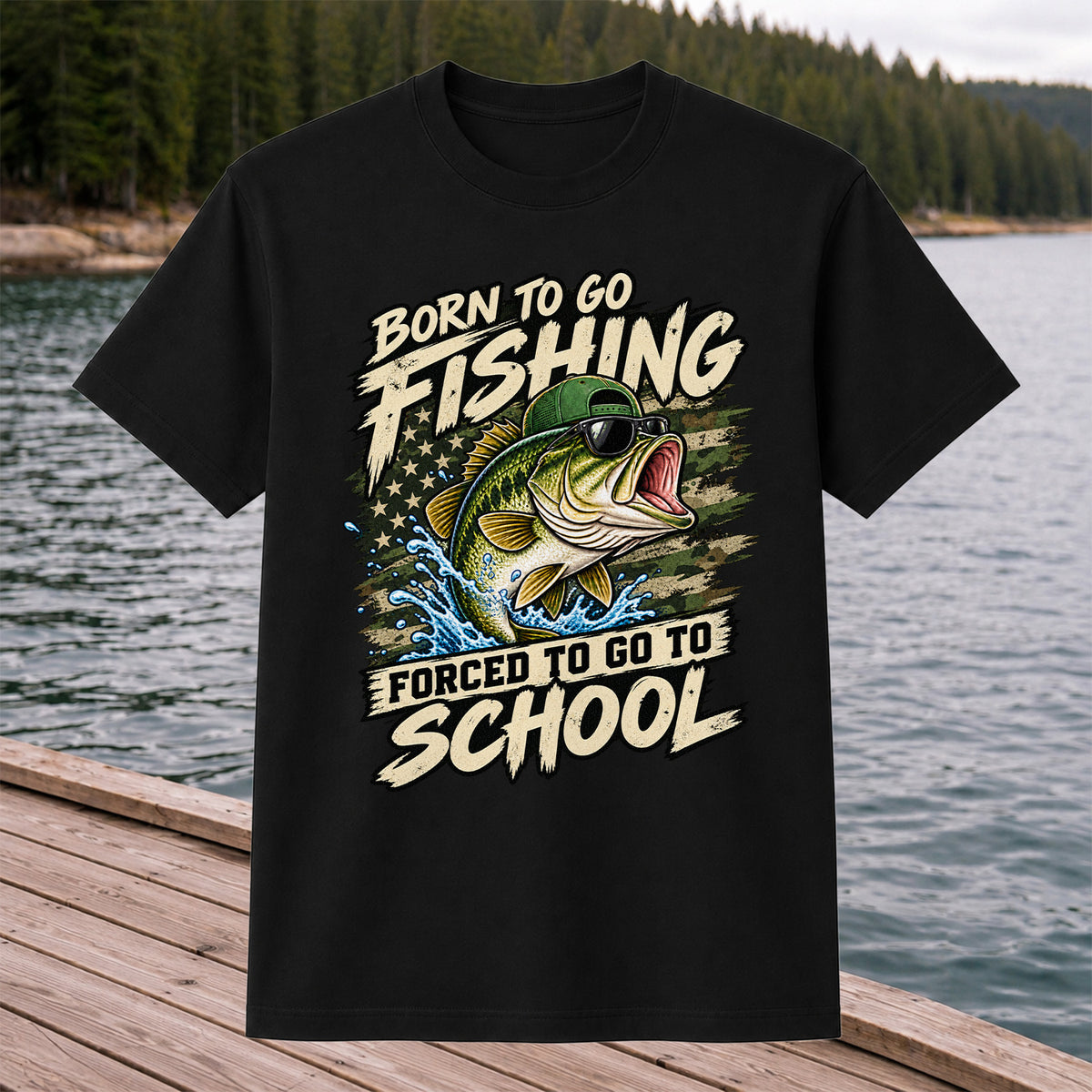 Born to Go Fishing Forced to Go to School Bass Graphic T-Shirt