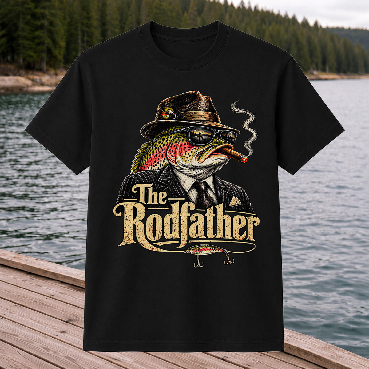 The Rodfather Rainbow Trout Gangster Funny Fishing T-Shirt