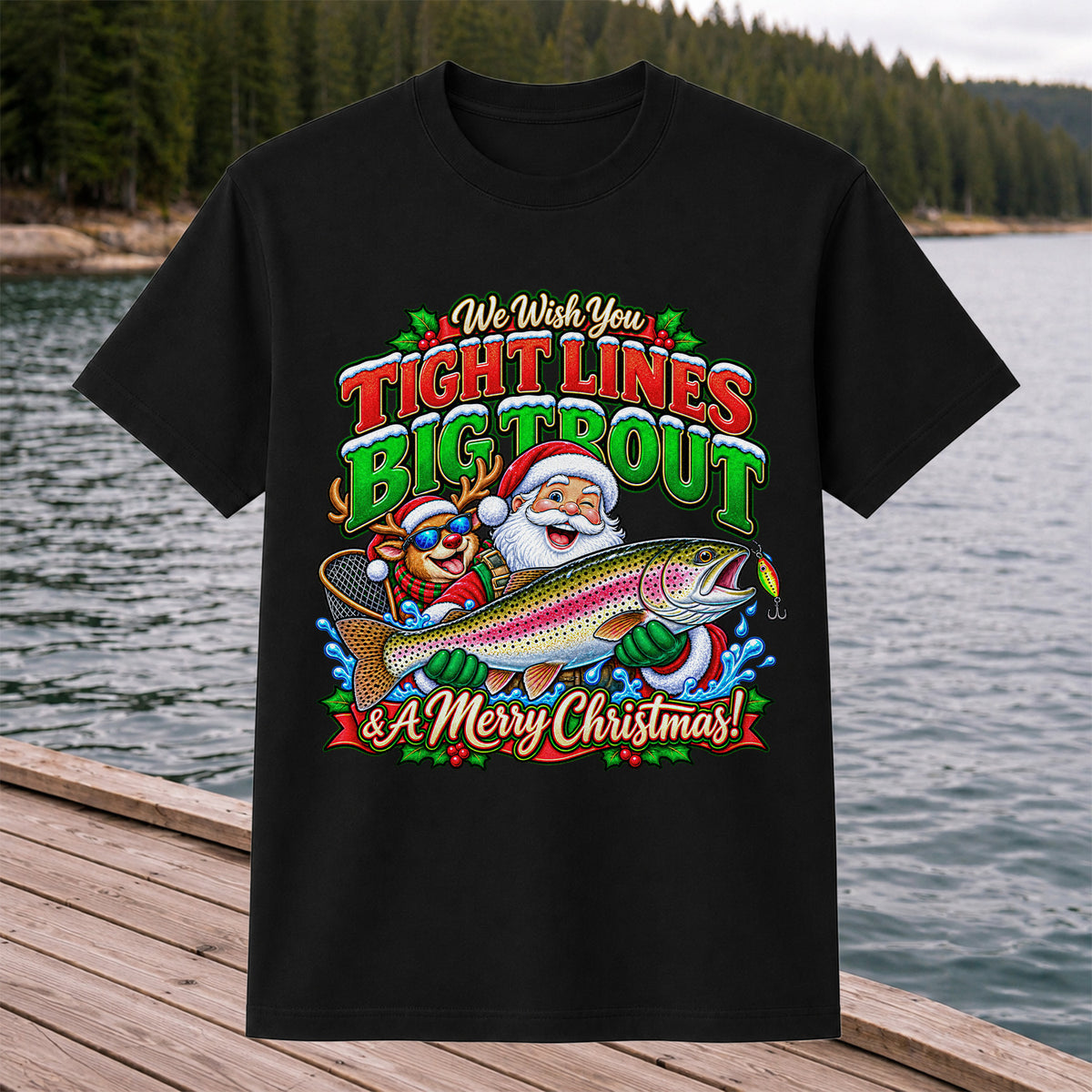We Wish You Tight Lines Big Trout & a Merry Christmas Santa and Reindeer Fishing T-Shirt