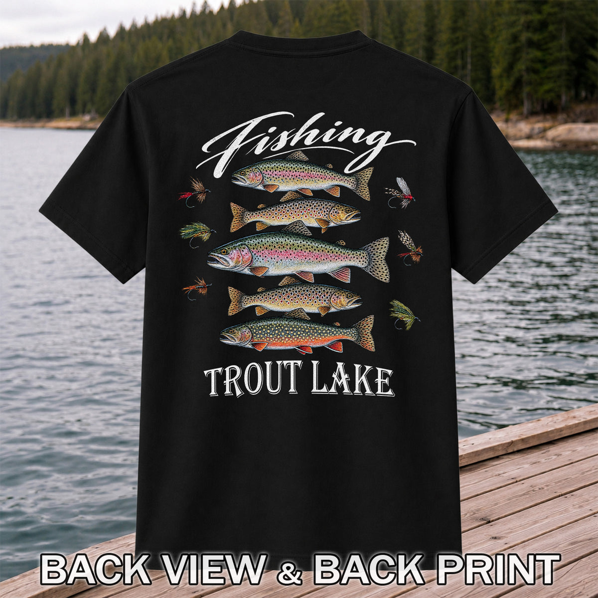 Fishing Trout Lake Vintage Trout and Flies Graphic T-Shirt | Back Print