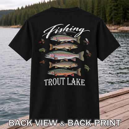 Fishing Trout Lake Vintage Trout and Flies Graphic T-Shirt | Back Print