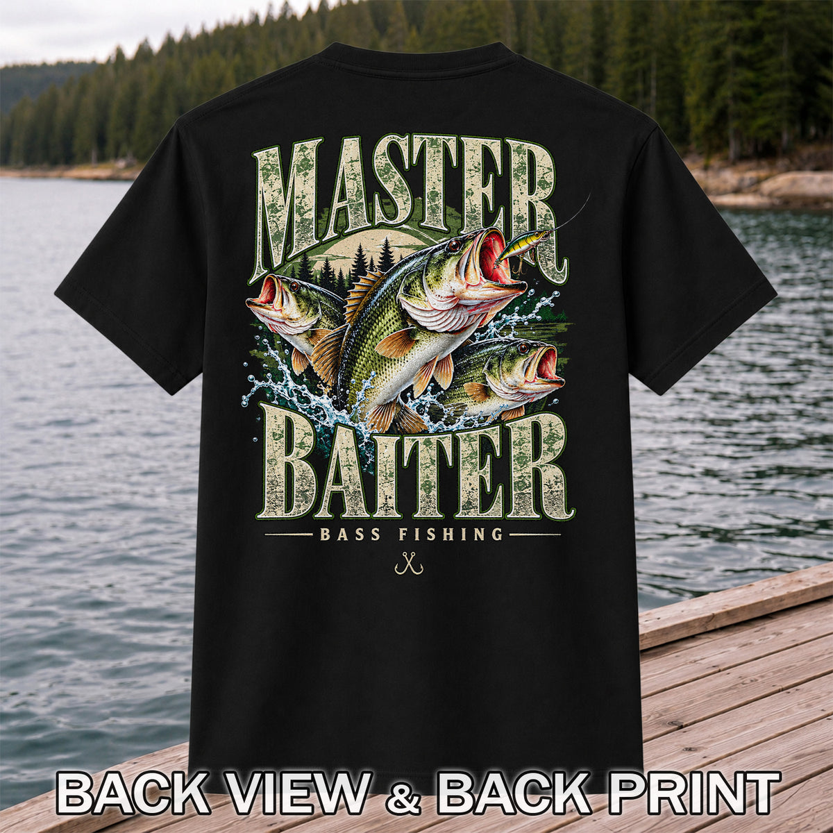 Master Baiter Bass Fishing Funny Vintage Graphic T-Shirt | Back Print