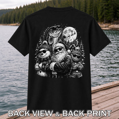 Santa Snowman Gingerbread and Bass Christmas Fishing T-Shirt | Back Print