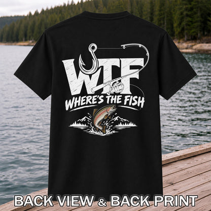 WTF Where's the Fish Jumping Trout and Fishing Rod T-Shirt | Back Print
