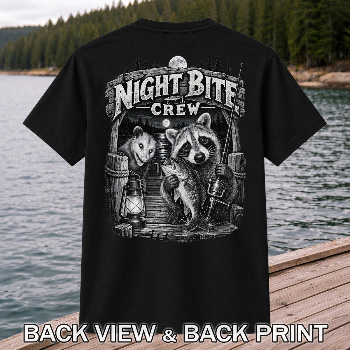 Night Bite Crew Raccoon and Bass Fishing Graphic T-Shirt | Back Print