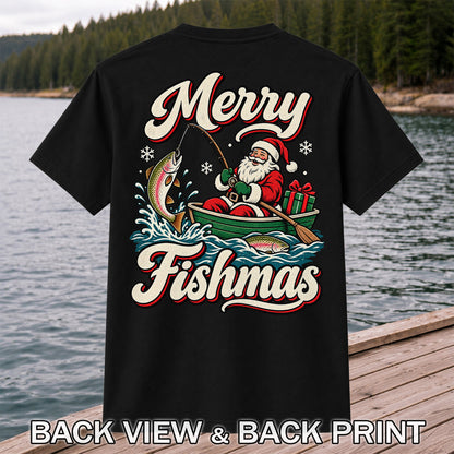 Merry Fishmas Santa Catching Rainbow Trout in a Boat Fishing T-Shirt | Back Print