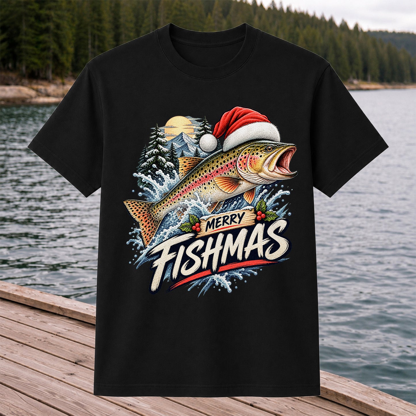 Merry Fishmas Santa Hat Rainbow Trout Fishing Graphic T-Shirt