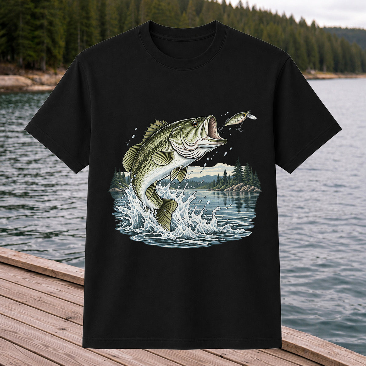 Jumping Largemouth Bass Chasing a Lure Lake Fishing Graphic T-Shirt