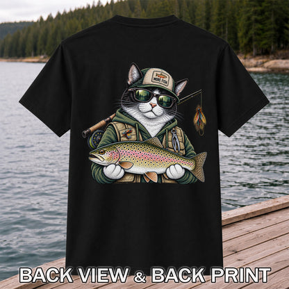 Cat Holding Rainbow Trout Fishing Graphic T-Shirt | Back Print