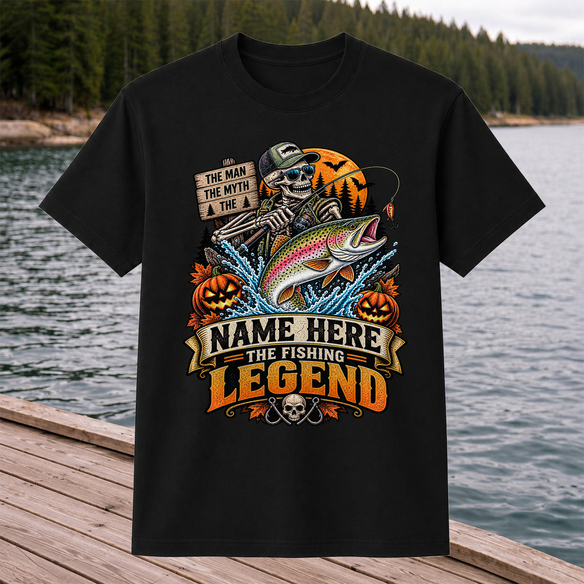 The Man The Myth The Fishing Legend Name Here Halloween Skeleton Rainbow Trout T-Shirt