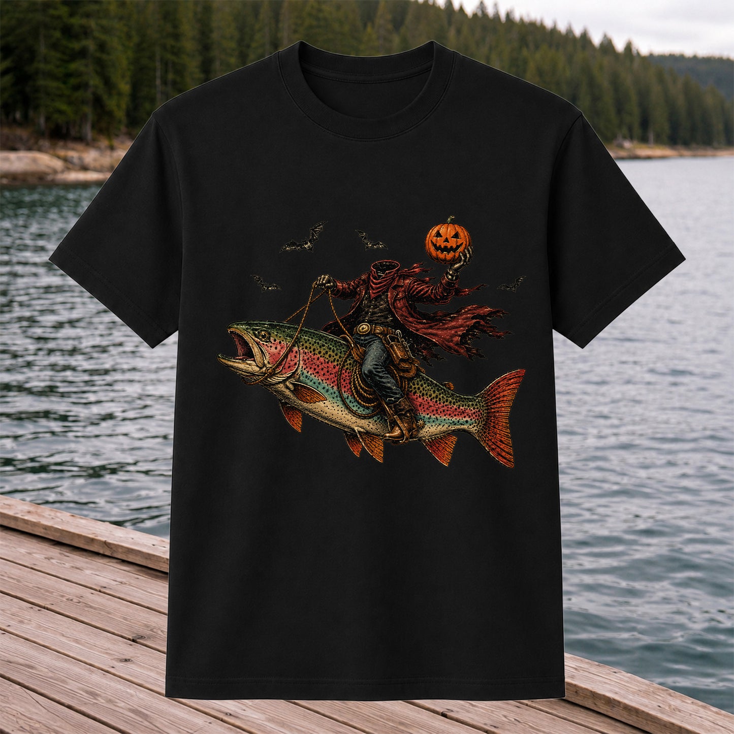 Halloween Cowboy Trout Fishing T-Shirt Pumpkin Fishing Tee