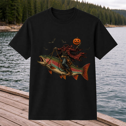 Halloween Cowboy Trout Fishing T-Shirt Pumpkin Fishing Tee