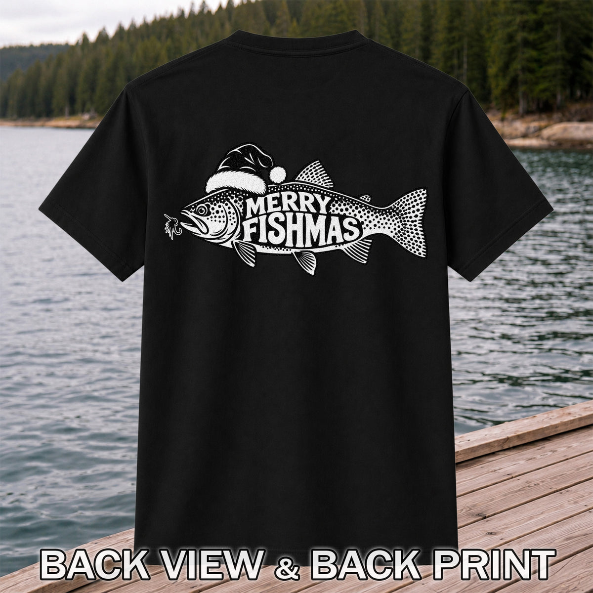 Merry Fishmas Black and White Trout Christmas Fishing T-Shirt | Back Print