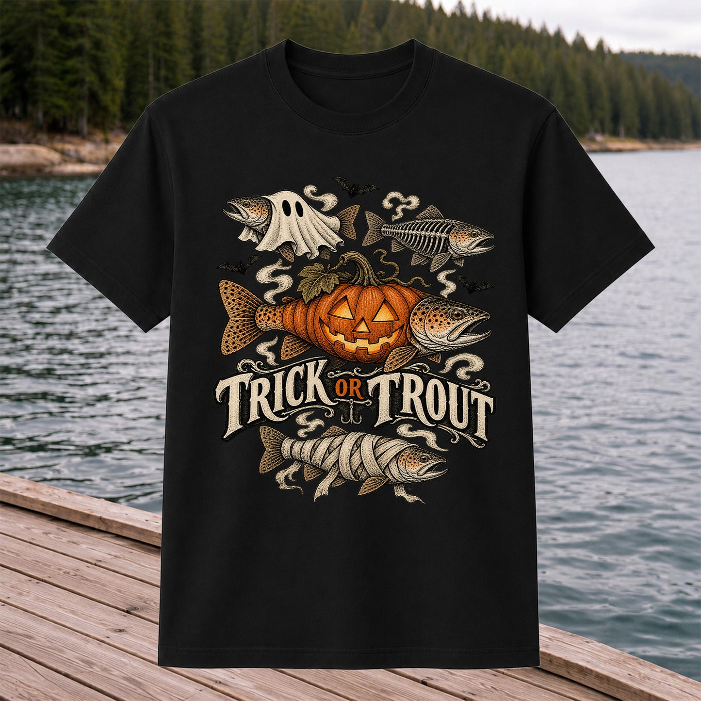 Trick or Trout Spooky Fish Halloween Graphic T-Shirt