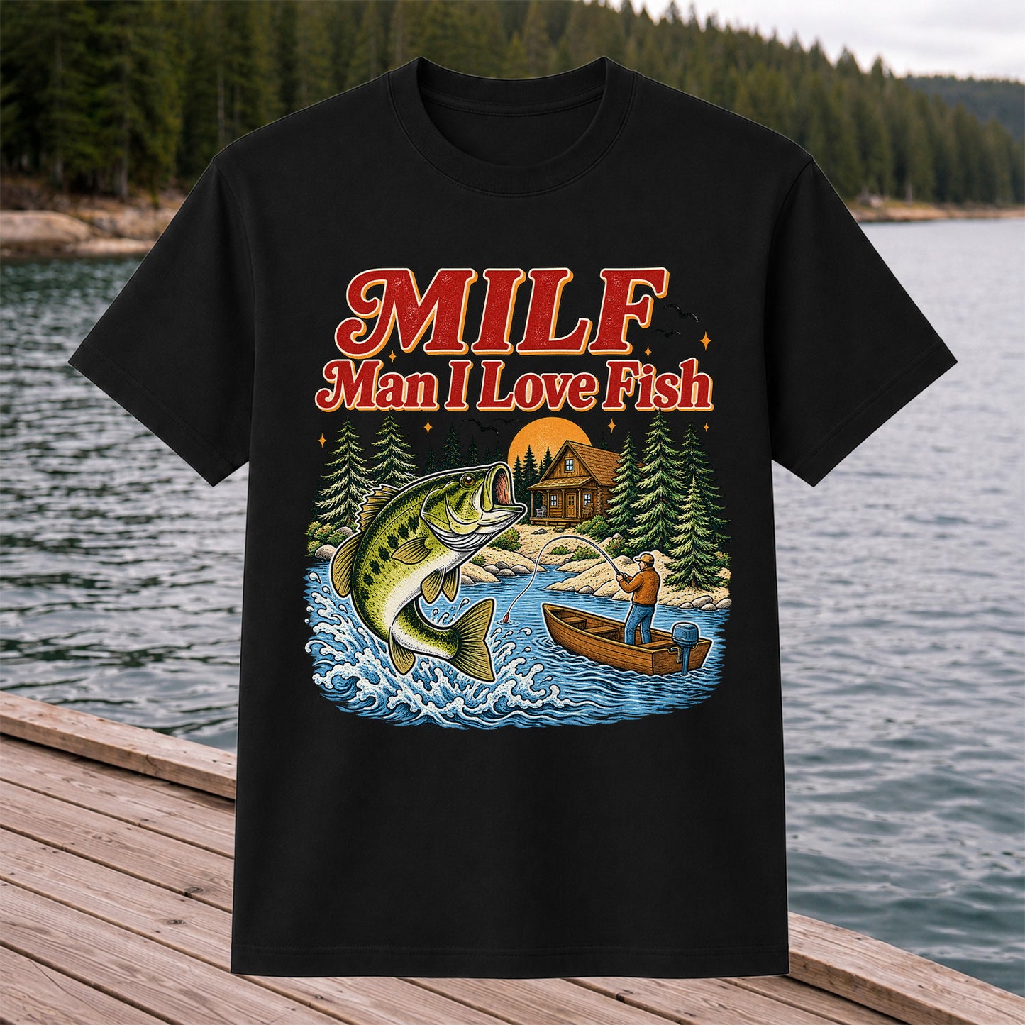 MILF Man I Love Fish Bass Lake Fishing Graphic T-Shirt