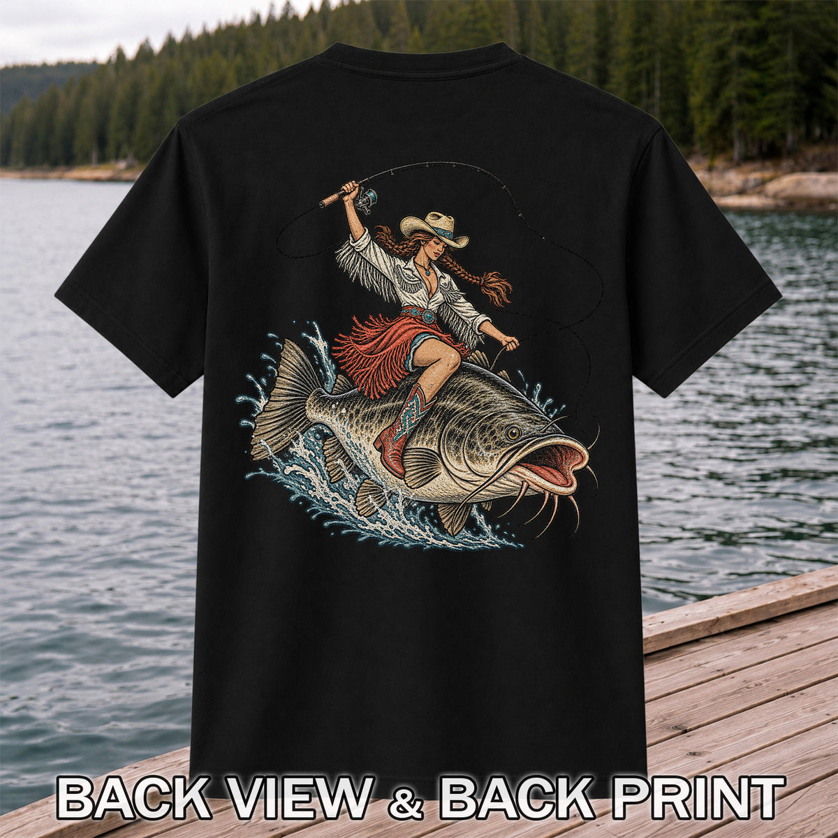 Cowgirl Riding a Largemouth Bass Fishing Graphic T-Shirt | Back Print
