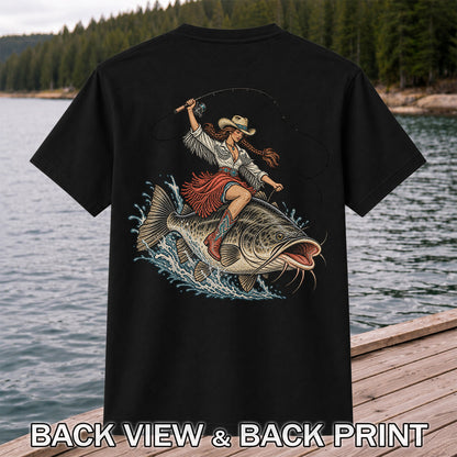 Cowgirl Riding a Largemouth Bass Fishing Graphic T-Shirt | Back Print