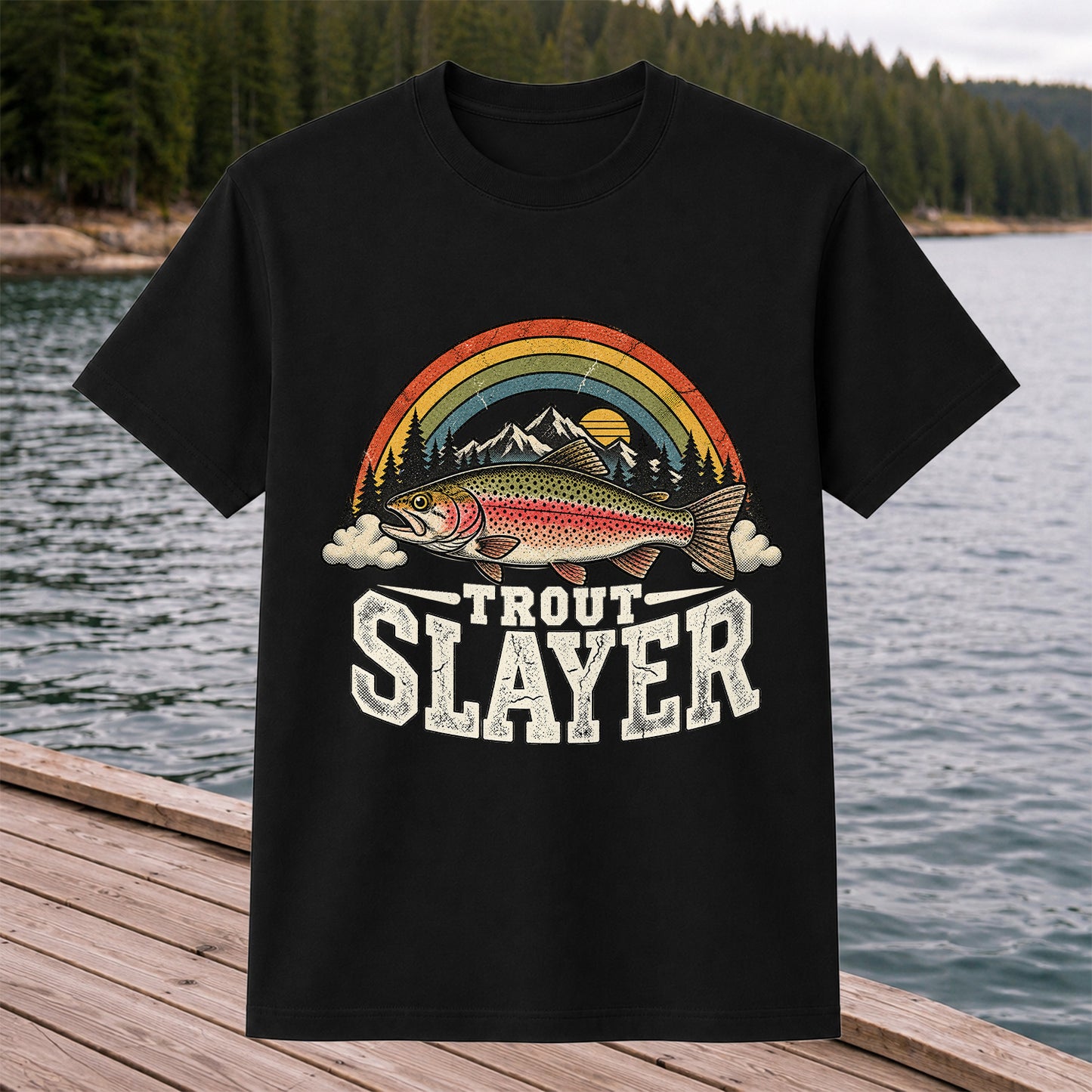 Trout Slayer Rainbow Trout Mountain Sunset Fishing T-Shirt