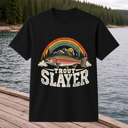 Trout Slayer Rainbow Trout Mountain Sunset Fishing T-Shirt