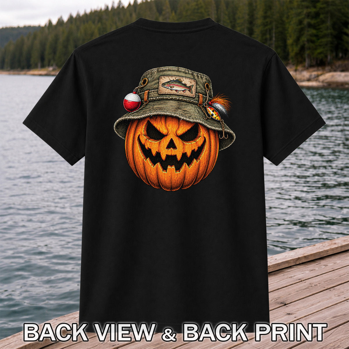 Halloween Pumpkin in a Trout Fishing Hat Graphic T-Shirt | Back Print
