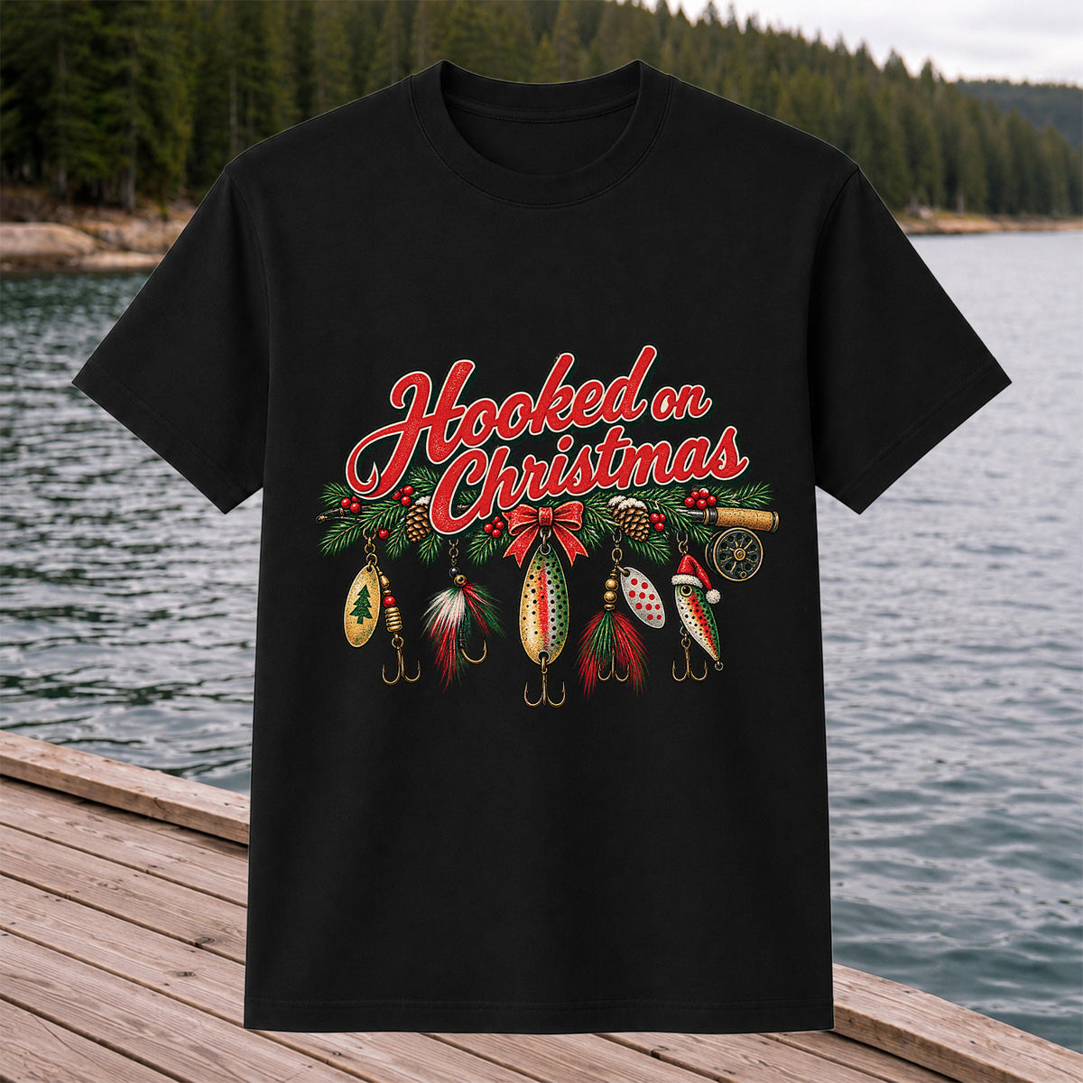 Hooked on Christmas Fishing Lure Ornaments Graphic T-Shirt