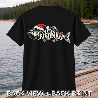 Merry Fishmas Rainbow Trout with Red Santa Hat and Lure Fishing T-Shirt | Back Print