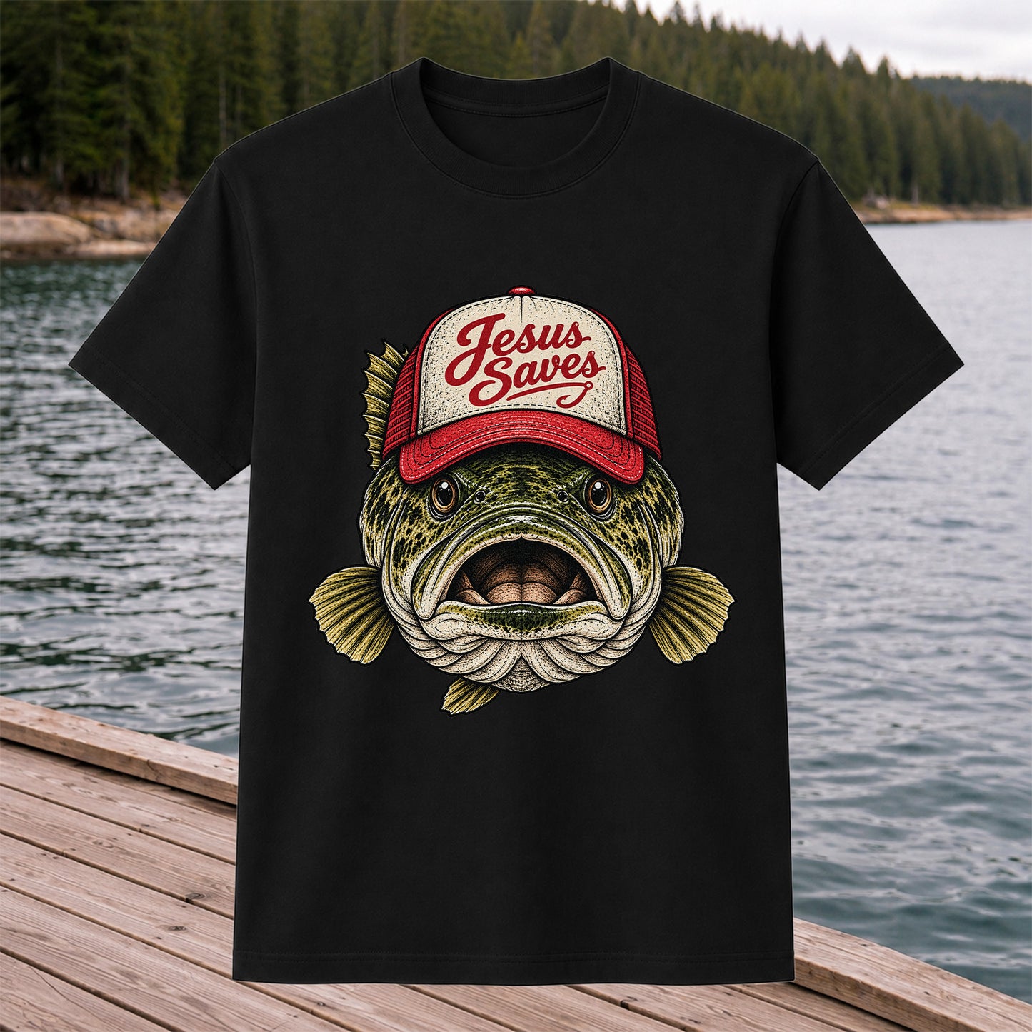 Jesus Saves Largemouth Bass in a Trucker Hat Fishing T-Shirt