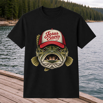 Jesus Saves Largemouth Bass in a Trucker Hat Fishing T-Shirt