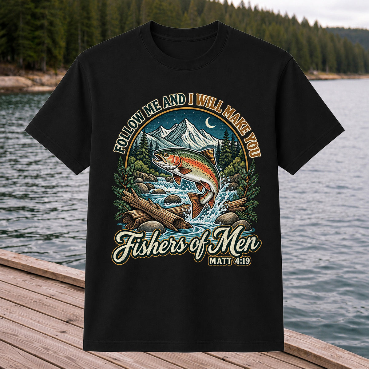 Follow Me and I Will Make You Fishers of Men Matt 4:19 Rainbow Trout Mountain River Fishing T-Shirt