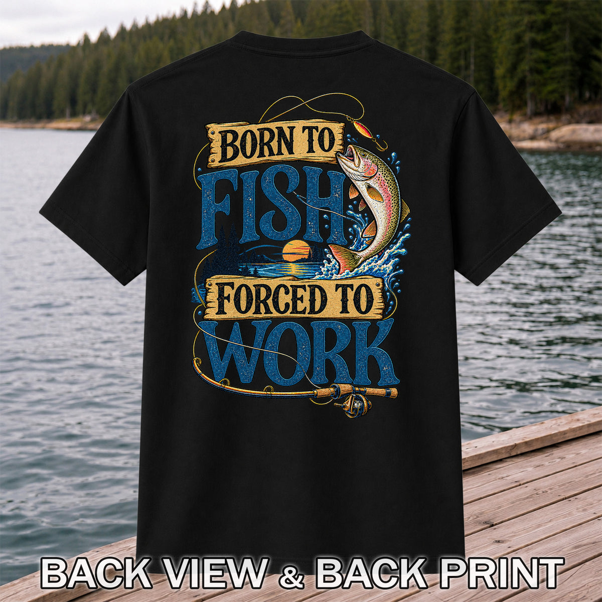 Rainbow Trout Lake Sunset Fishing Graphic T-Shirt | Back Print