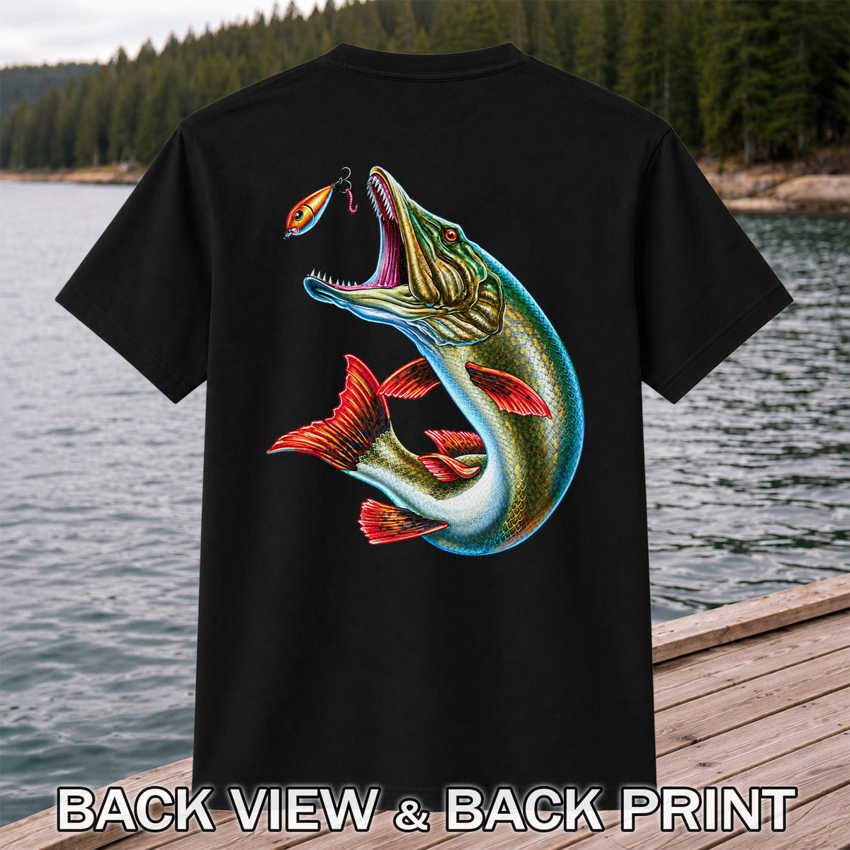 Northern Pike Chasing Fishing Lure Graphic T-Shirt | Back Print