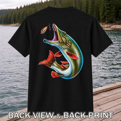 Northern Pike Chasing Fishing Lure Graphic T-Shirt | Back Print