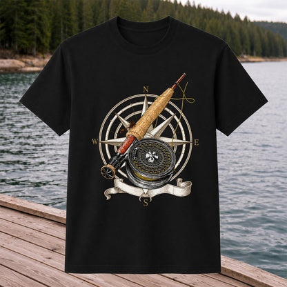 Vintage Fly Fishing Rod Reel and Compass Graphic T-Shirt