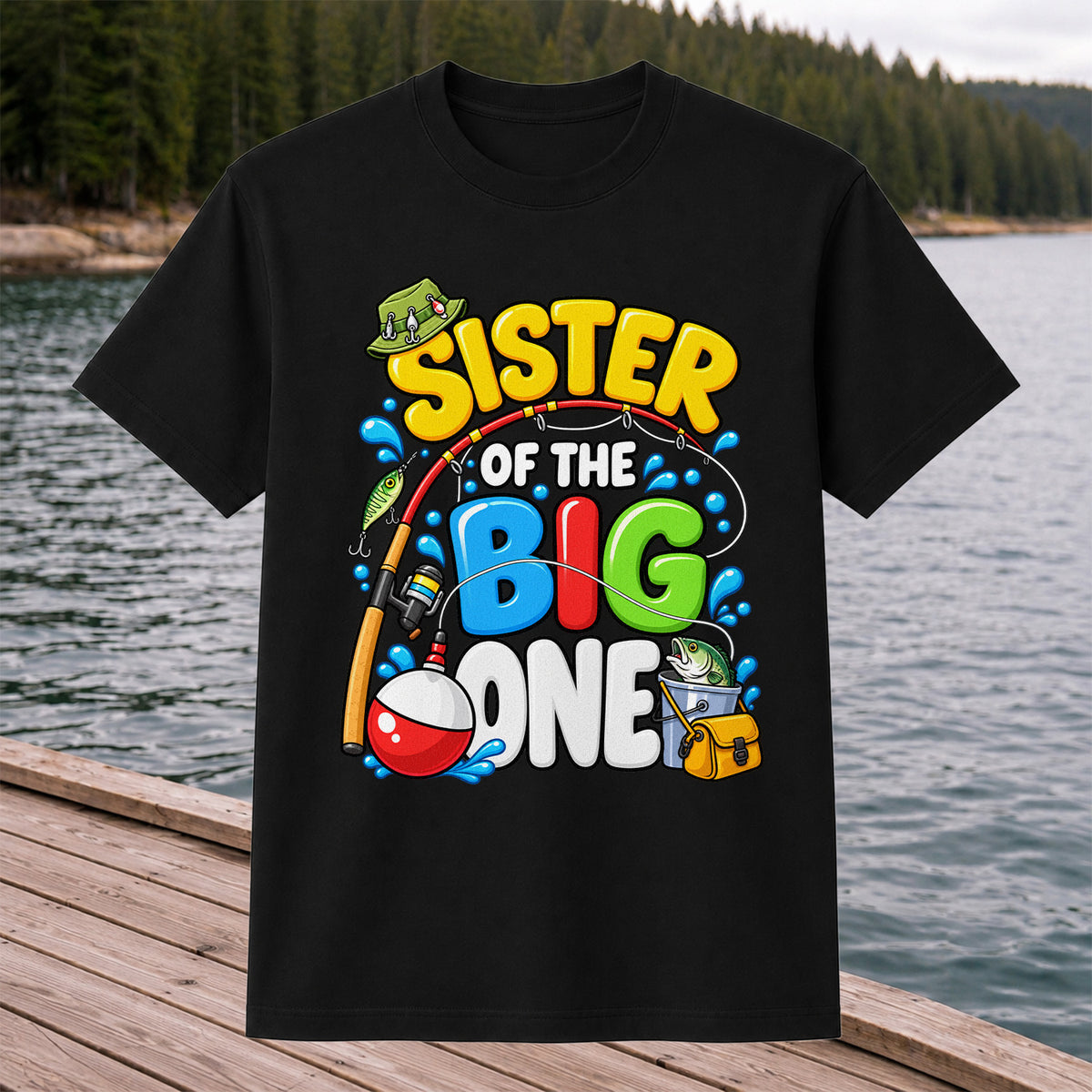 Sister of the Big One Fishing Birthday T-Shirt with Fish and Bobber