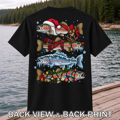Christmas Rainbow Trout Holiday Fishing Graphic T-Shirt | Back Print