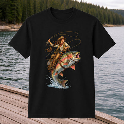Western Cowgirl Riding a Rainbow Trout Fly Fishing Graphic T-Shirt
