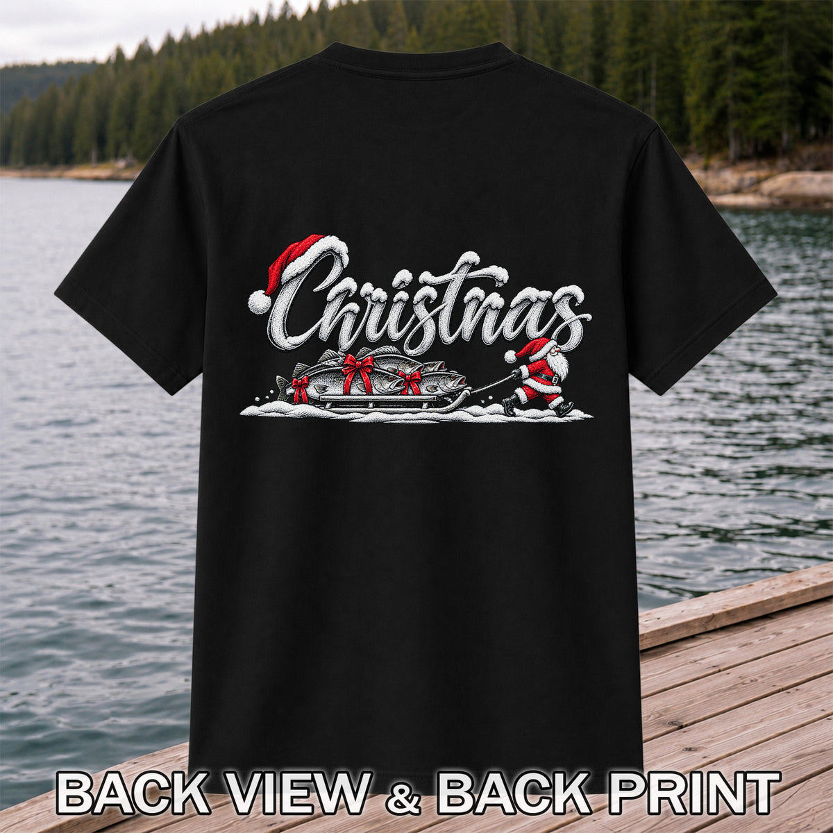 Christmas Santa Pulling Trout Fishing Sled Graphic T-Shirt | Back Print