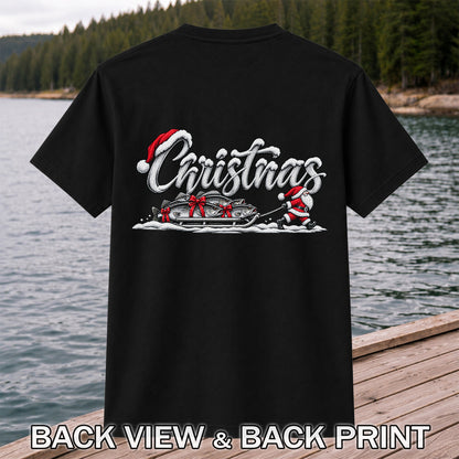 Christmas Santa Pulling Trout Fishing Sled Graphic T-Shirt | Back Print